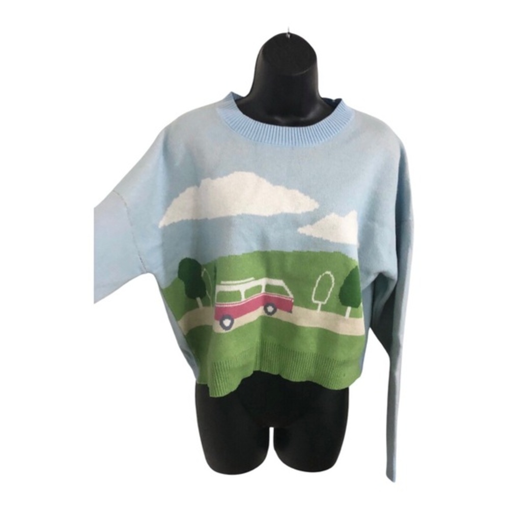 Luna Ivy white clouds & red bus on green landscape blue sweater size XS new